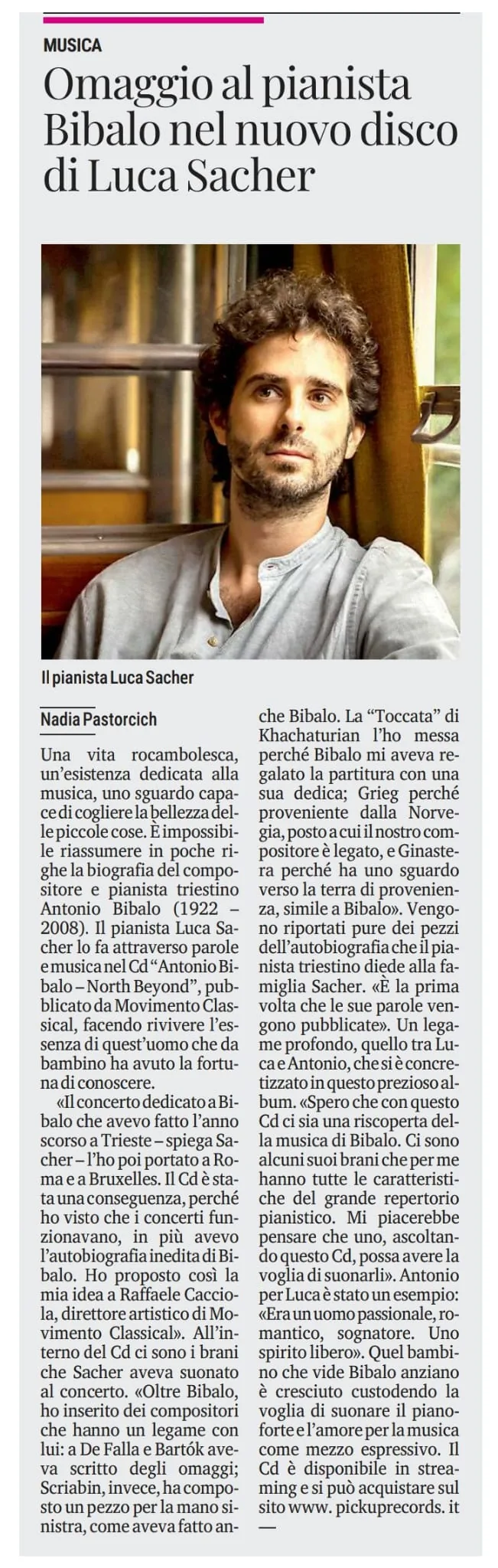 L'articolo del Piccolo: Omaggio al pianista Bibalo nel nuovo disco di Luca Sacher